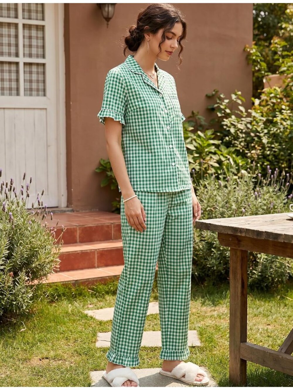 Women's Green Cotton Button Down Shirt Sleepwear 2 Piece Pajamas Set - Picture 5 of 7